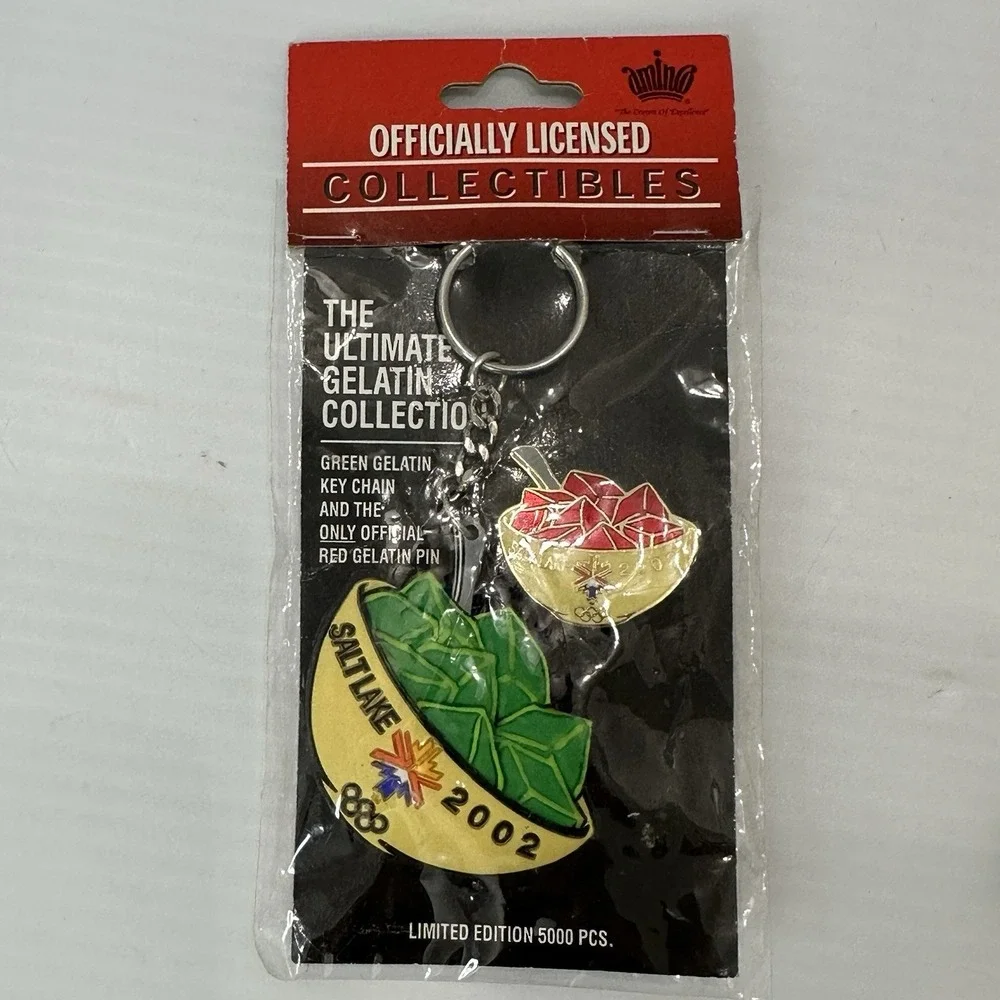 Salt Lake 2002 Olympics Aminco LE 5000 RED /GREEN JELLO KEYCHAIN PIN Set NIP